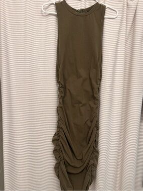 Sleeveless Ruched Midi Skirt in Olive Green